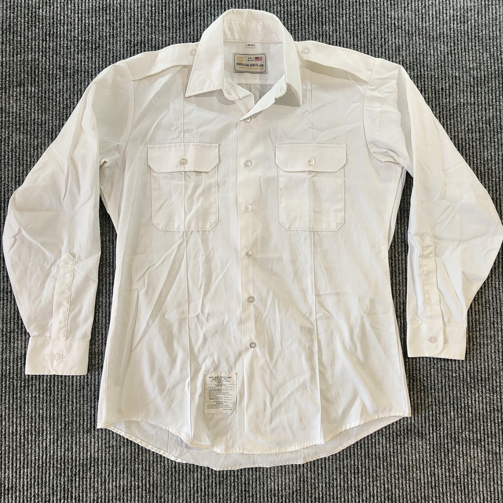 Marlow White Military Dress Shirt Mens 16-34 White Long Sleeve Uniform USA Made
